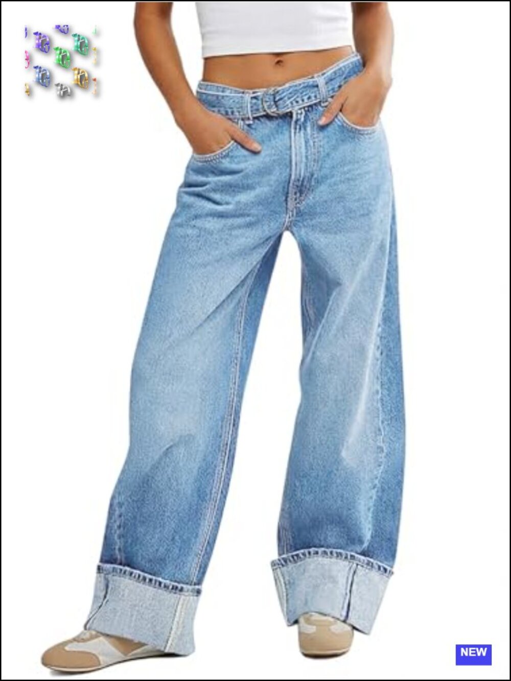 High Waisted Wide Leg Cuffed Baggy Denim Jeans with Removable Belt